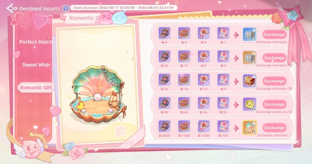 Daftar hadiah Romantic Gifts di event Destined Hearts